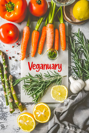 Text Veganuary on light background with vegetables, top viewの素材