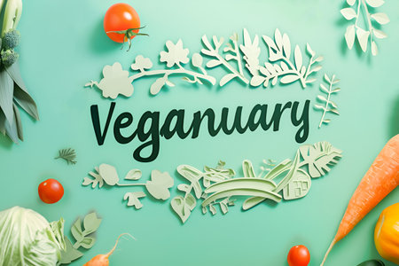 Text Veganuary on pastel blue background with vegetables, papercut styleの素材