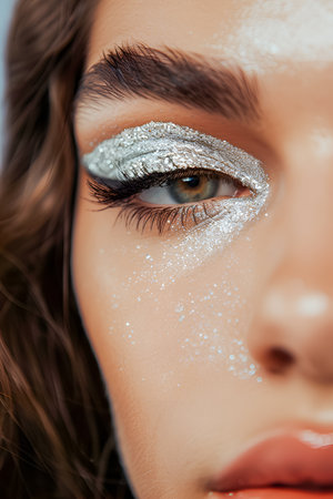 Closeup of festive Christmas eye makeup with silver eyeshadow accentsの素材
