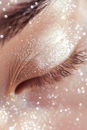 Closeup of festive Christmas eye makeup with silver eyeshadow accentsの素材