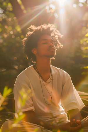 Individual sitting cross-legged with closed eyes, meditating in natural sunlight.の素材