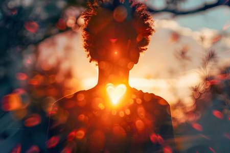 Silhouette of a person with a radiant glow emanating from the heart center, symbolizing spiritual enlightenmentの素材