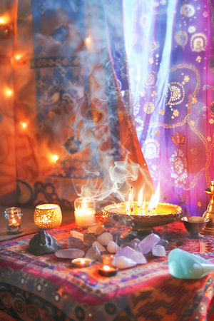 A small spiritual altar setup with crystals, burning incense, and candles, creating a serene atmosphere for meditation and ritualの素材