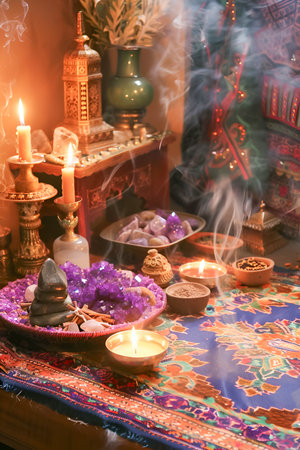 A small spiritual altar setup with crystals, burning incense, and candles, creating a serene atmosphere for meditation and ritualの素材
