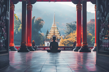 Traditional Buddhist temple with a person meditating in the foreground, symbolizing serenity, reflection, and the path to enlightenmentの素材