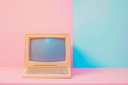 Old computer on pastel pink and blue background, retro nostalgia concept, copy spaceの素材