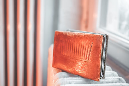 Wallet placed in front of a modern radiator, emphasizing the financial burden of heating expensesの素材