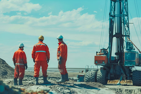 Group of oil field workers on ground in protective gear collaborating at a drilling siteの素材