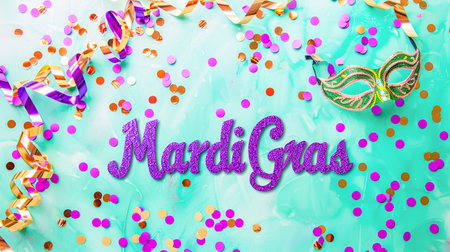 Purple text Mardi Gras on pastel background with confetti and carnival maskの素材