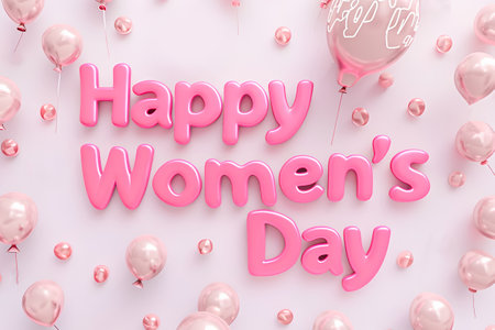 Text Happy Women's Day on light pink background with baloonsの素材