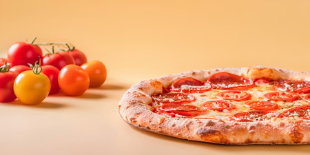 Tasty pizza with tomatoes on light yellow background with copy spaceの素材