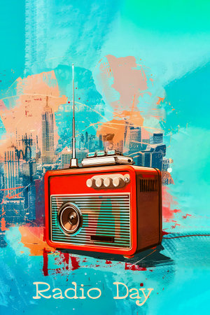 Text Radio Day with vintage radio on blue cityscape backgroundの素材