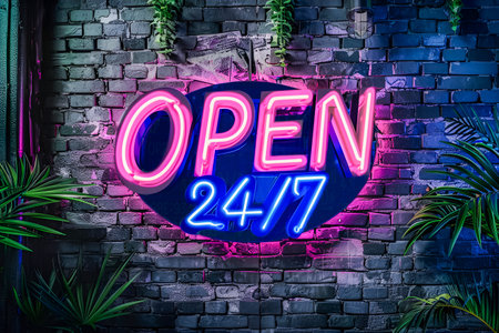 Glowing neon sign with the text OPEN 24/7 in bold, vibrant colors against a dark urban brick wall backgroundの素材