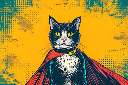 Black and white cat in a cloak of a superhero on yellow background, copy space, comic book styleの素材