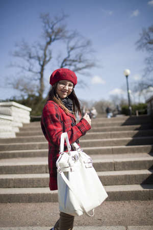 positive caucasian 11 years old girl is outdoorの写真素材