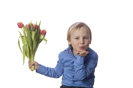 boy with orange tulips send butterfly kiss