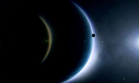 abstraction with huge planet against the backdrop of stars set and nebulaの写真素材