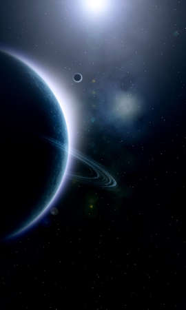 abstraction with huge planet against the backdrop of stars set and nebulaの写真素材