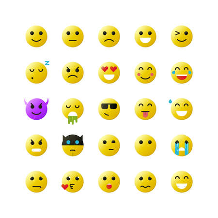 Set of yellow emoticons on white background. Vector emoticons illustration. Emoticons vector set. Emoticons web icons. Emoji iocns. Smiley faces. Set of Emoticons. Set of Emoji. Smile icons.のイラスト素材