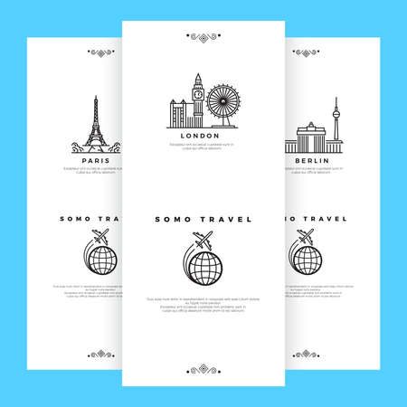 Flyer mockup with line art cities for travel company. Touristic design template, vector illustrationのイラスト素材