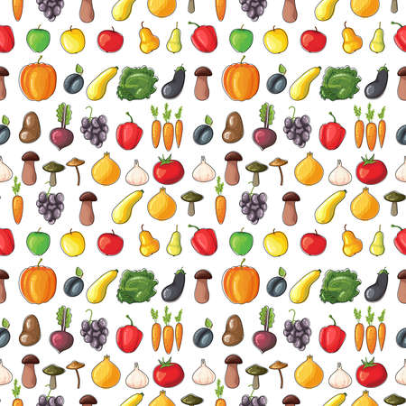Vegetables and fruits flat pattern. Autumn harvest. Organic vegetarian fresh product. Eco foodのイラスト素材