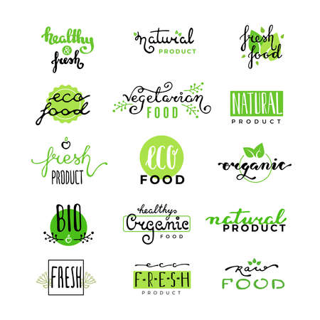 Hand lettering of vegetarian ecology fresh food. Hand drawn typeface. Eco bio raw foodのイラスト素材
