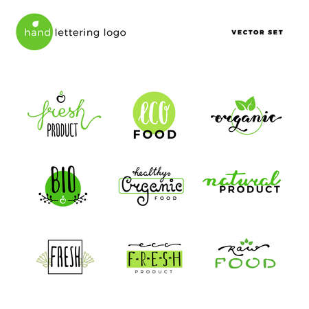 Hand lettering vector logo of vegetarian ecology fresh food. Hand drawn typeface. Eco bio raw food. Vintage hand lettering emblemsのイラスト素材