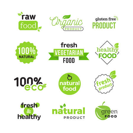 Simple pure and clean vector logo of green eco food, fresh healthy and vegetarian products with leaves and simple formsのイラスト素材
