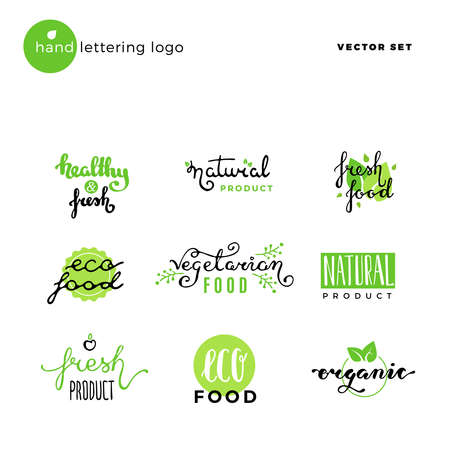Hand lettering vector logo of vegetarian ecology fresh food. Hand drawn typeface. Eco bio raw food. Vintage hand lettering logosのイラスト素材