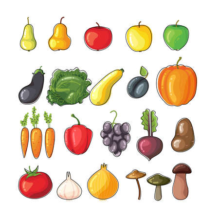 Set of bright flat vector fruits and vegetables. Fresh organic healthy food. Vegetarian setのイラスト素材