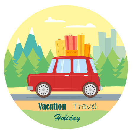Flat illustration with car and baggage. Vacation, holiday, travel conceptのイラスト素材