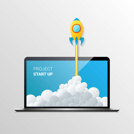 image of rocket flying out of laptop. Start up conceptのイラスト素材
