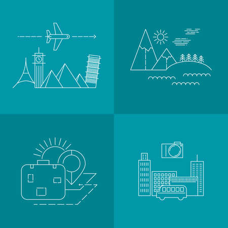 Travel images. Line art. Nature with forest and mountains. City and places. Travel conceptのイラスト素材