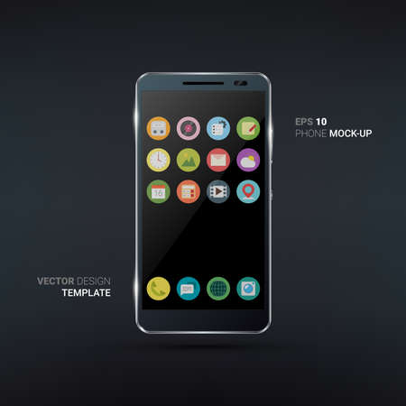 Shiny black smartphone with flat icon set. Realistic illustrationのイラスト素材