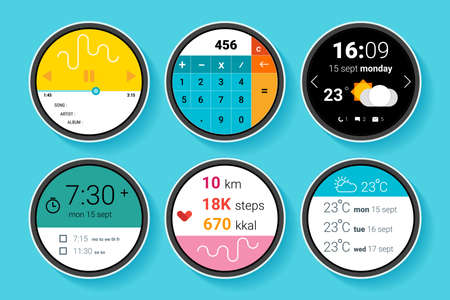 Different screens for smartwatch. Player, alarm, clock, weather, fitness, calculator. Flat illustration.のイラスト素材