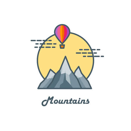 Line art icon with mountains, sun and balloon. Travel concept. illustrationのイラスト素材