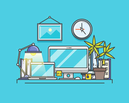 Workplace in outlines. Line art illustrationのイラスト素材