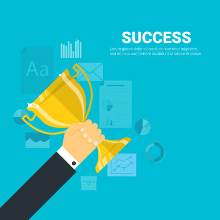 illustration with flat trophy and hand. First place and business aims concept background. Teamwork and company strategy.のイラスト素材