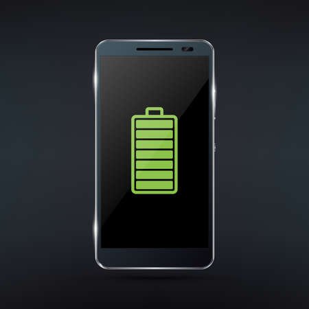 Shiny black smartphone with green full battery icon. Realistic illustrationのイラスト素材