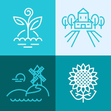 Outline set of farm elements and ecology. Plant, farm, windmill and sunflower.のイラスト素材
