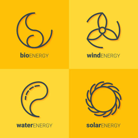 Outline icons of sun, drop, wind power station and leaf as with copyspace on yellow background. Idea of eco-friendly source of energy. Renewable energy conceptのイラスト素材
