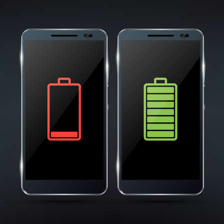 Shiny black photorealistic smartphone mock-up with red low battery icon and green full battery icon. Realistic illustrationのイラスト素材
