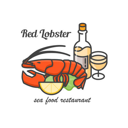 Red lobster with white wine line art illustration. Restaurant of seafood badgeのイラスト素材