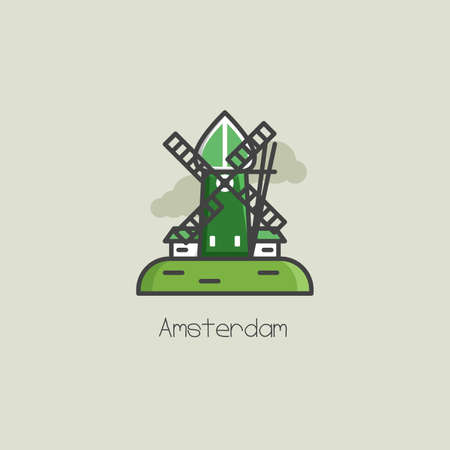Amsterdam windmill. Netherlands landmark line art illustrationのイラスト素材