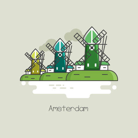Amsterdam windmills. Netherlands landmark. line art illustrationのイラスト素材