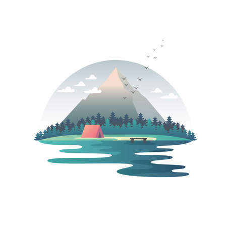 Vector flat gradient illustration of camp, nature, lake and mountain. Book coverのイラスト素材