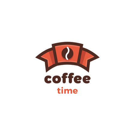 Minimalistic vector logo of red ribbon with coffee bean. Flat logotype for coffee shopのイラスト素材