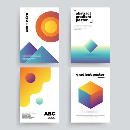 Set of vector abstract posters with geometric gradient shapes and retro colors. Bright 80's postersのイラスト素材