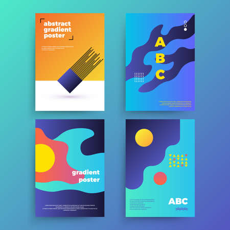 Set of vector abstract posters with geometric gradient shapes and retro colors. Bright 80's postersのイラスト素材