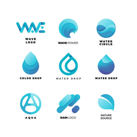 Abstract gradient water logo set. Aqua  wave geometric logo vector illustration. Nature elements, alternative energy and renewable energy logo.のイラスト素材